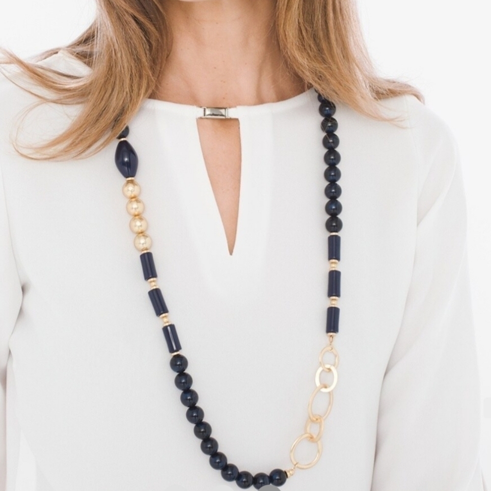 Chico’s Navy Blue Barrel and Round Bead Long Necklace